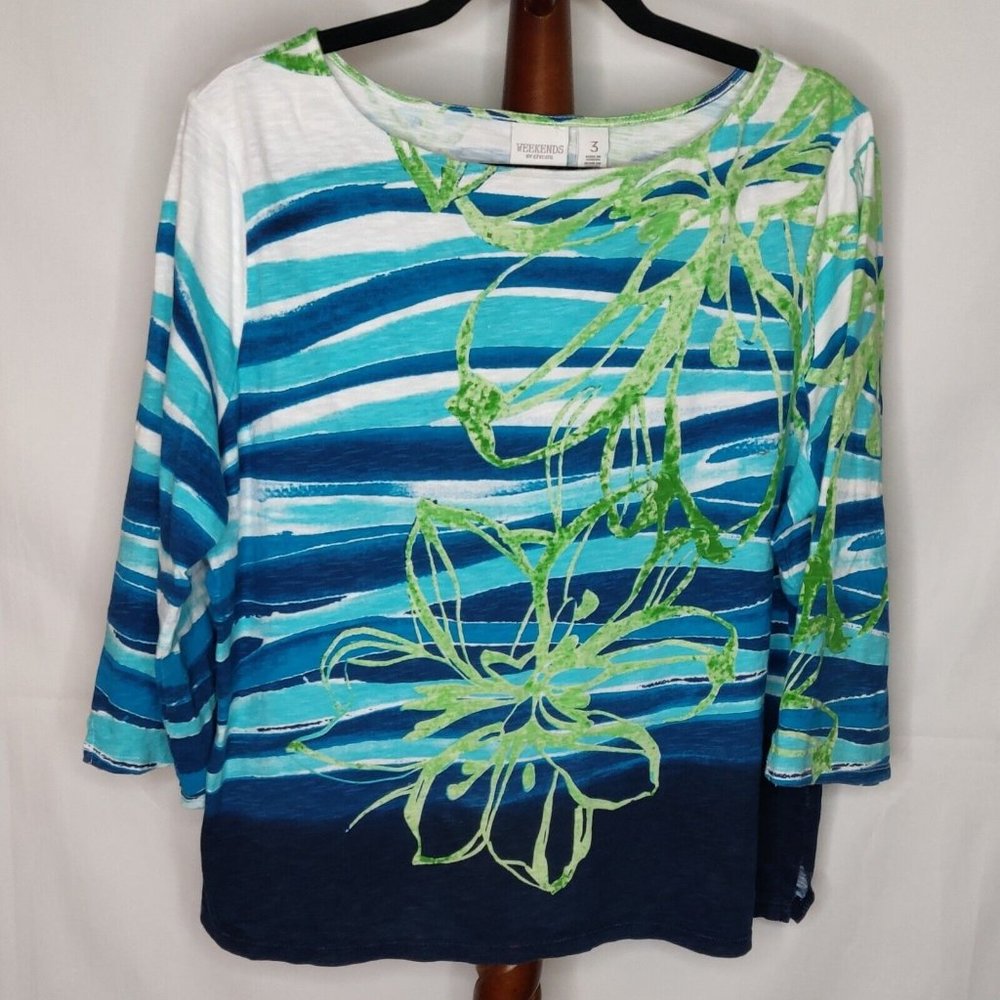 Weekends by Chico's women's size 3 t-shirt multicolor boat neck 3/4 sleeves